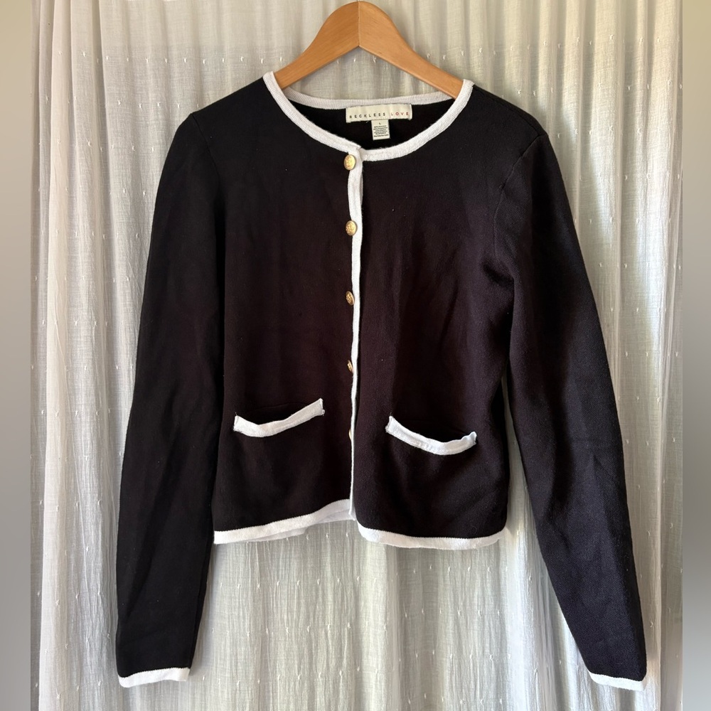 Reckless Love Black and White Contrast Trim Button Front Cardigan